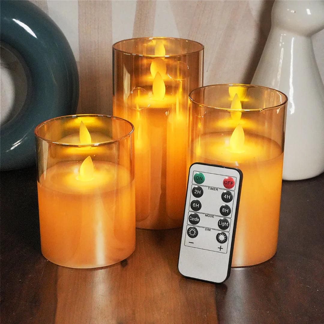 Electric Flameless LED Pillar Candles Pack of 3 - Moving Flame, 10 Key Remote & Timer Controlled